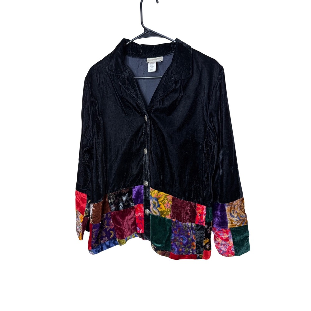 Vintage Coldwater Creek Black‎ Velvet Patchwork Full Button Top Size M